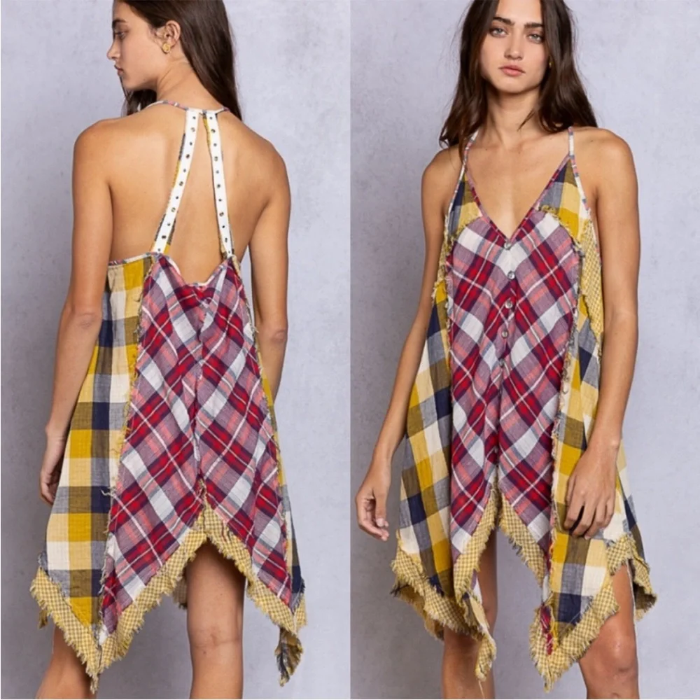 POL Plaid Patchwork Slip Dress - Red, Yellow, Blue - Picture 6 of 6